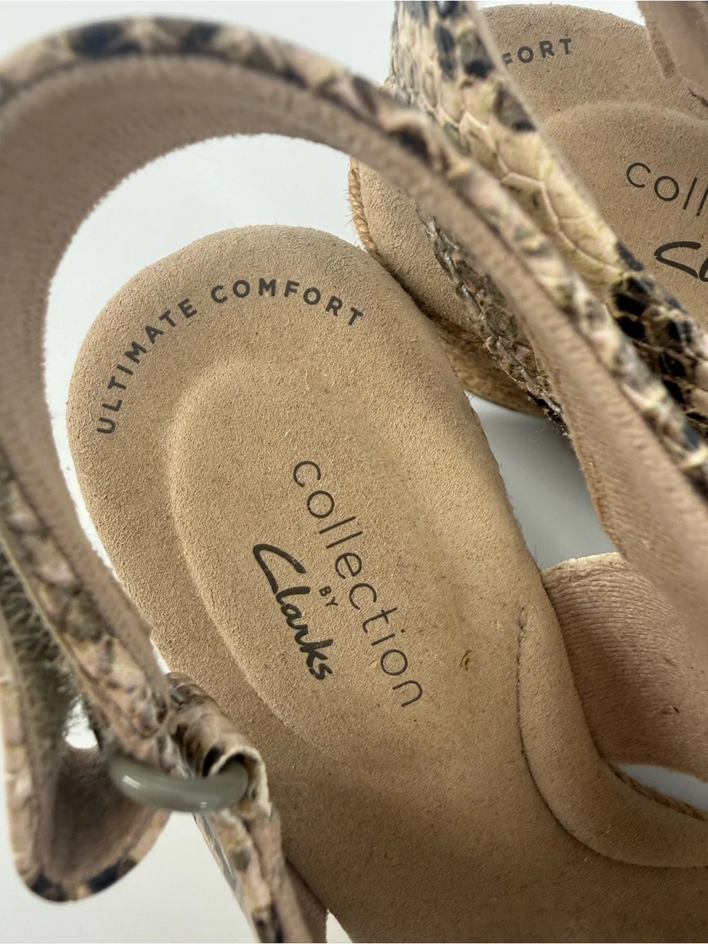 Clarks Lafley Alaine Snake Print Wedge Sandals Shoes Size 5.5 M 5 1/2 EUC Taupe